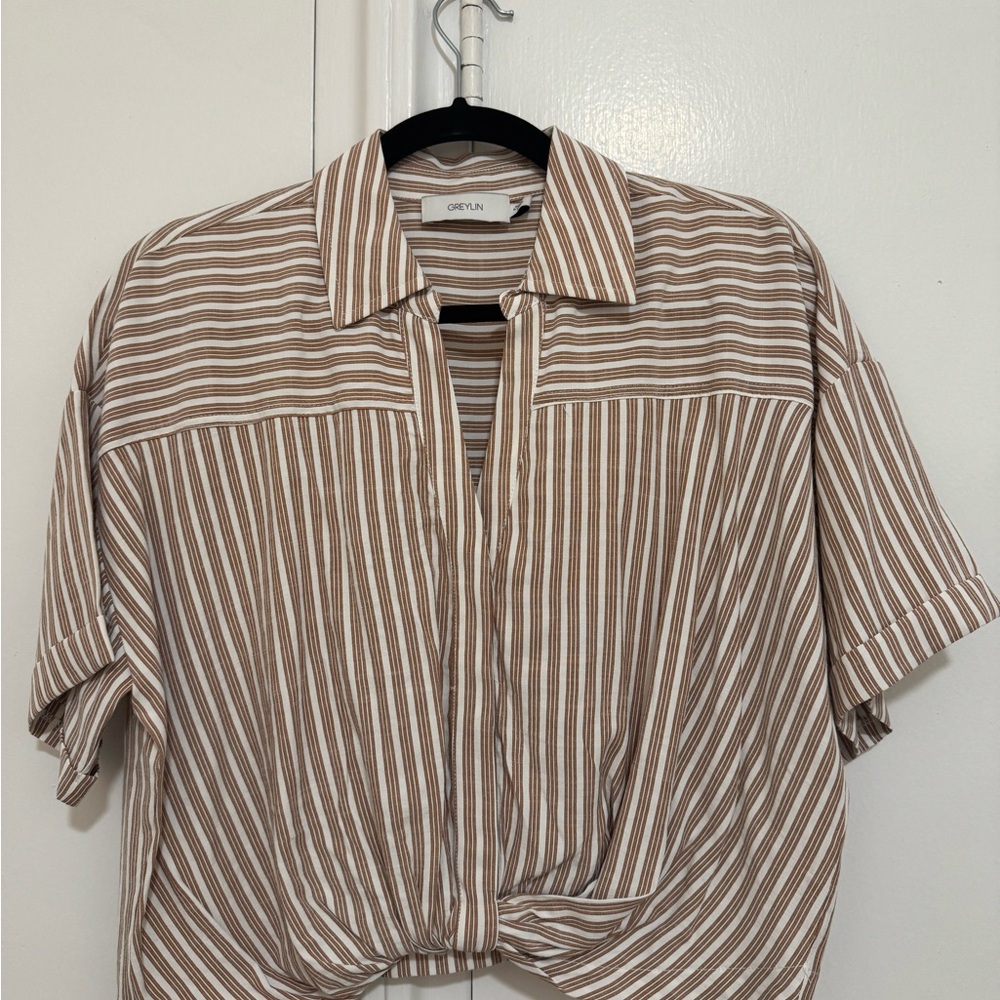 Greylin Women’s Striped Short Sleeve Shirt with Front Snap and Front Crop